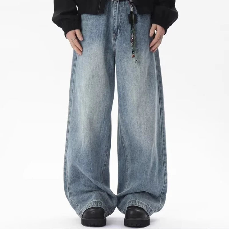 Loose Straight Jeans Men's Summer Casual Drooping Wide-leg Floor Trousers Chrome Darts Rhinestones Cooling Pants Man Jackets Top